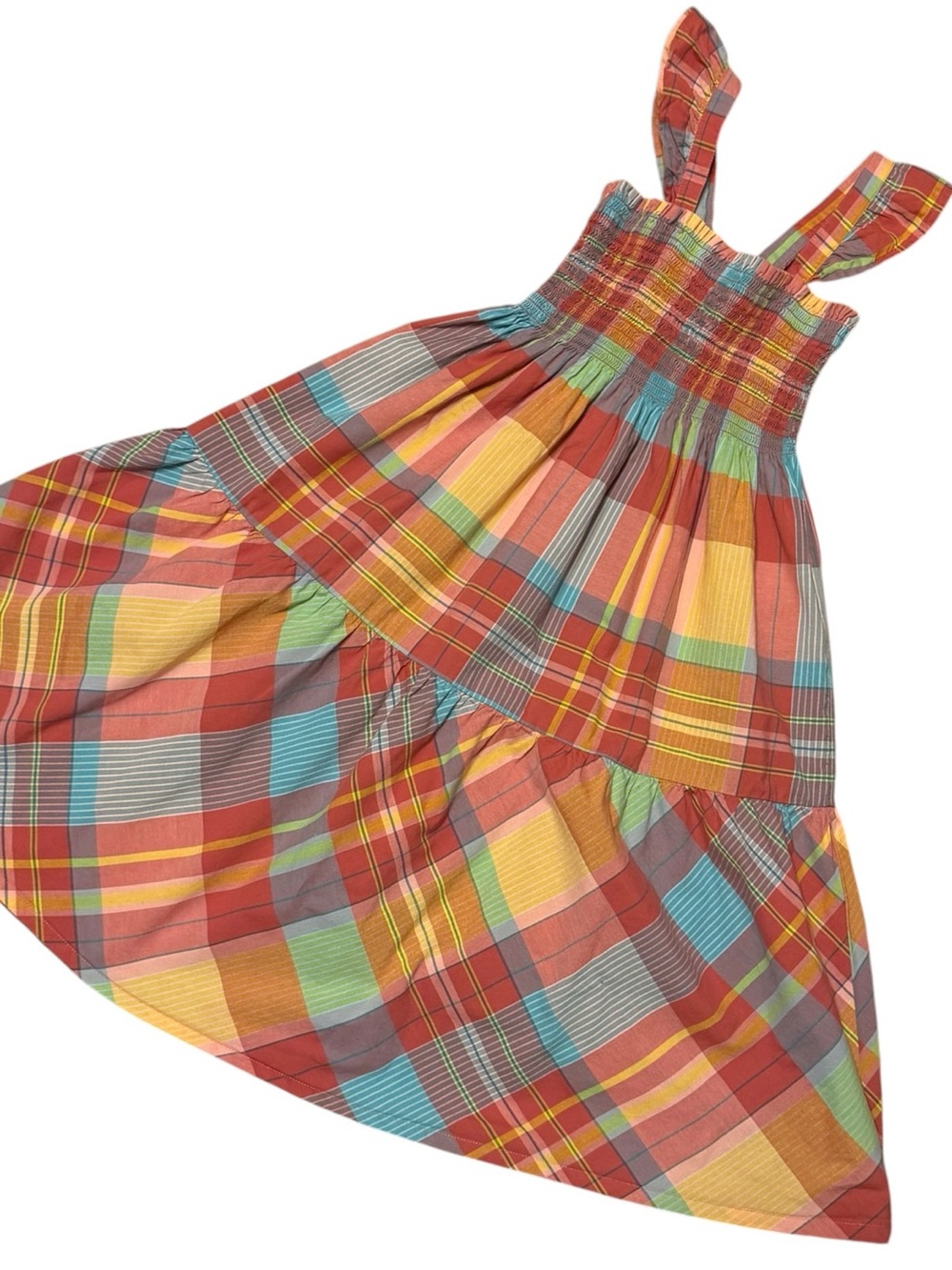 Tea Collection Girls Plaid Smocked Tie Strap Dress Size 7 100% Cotton
